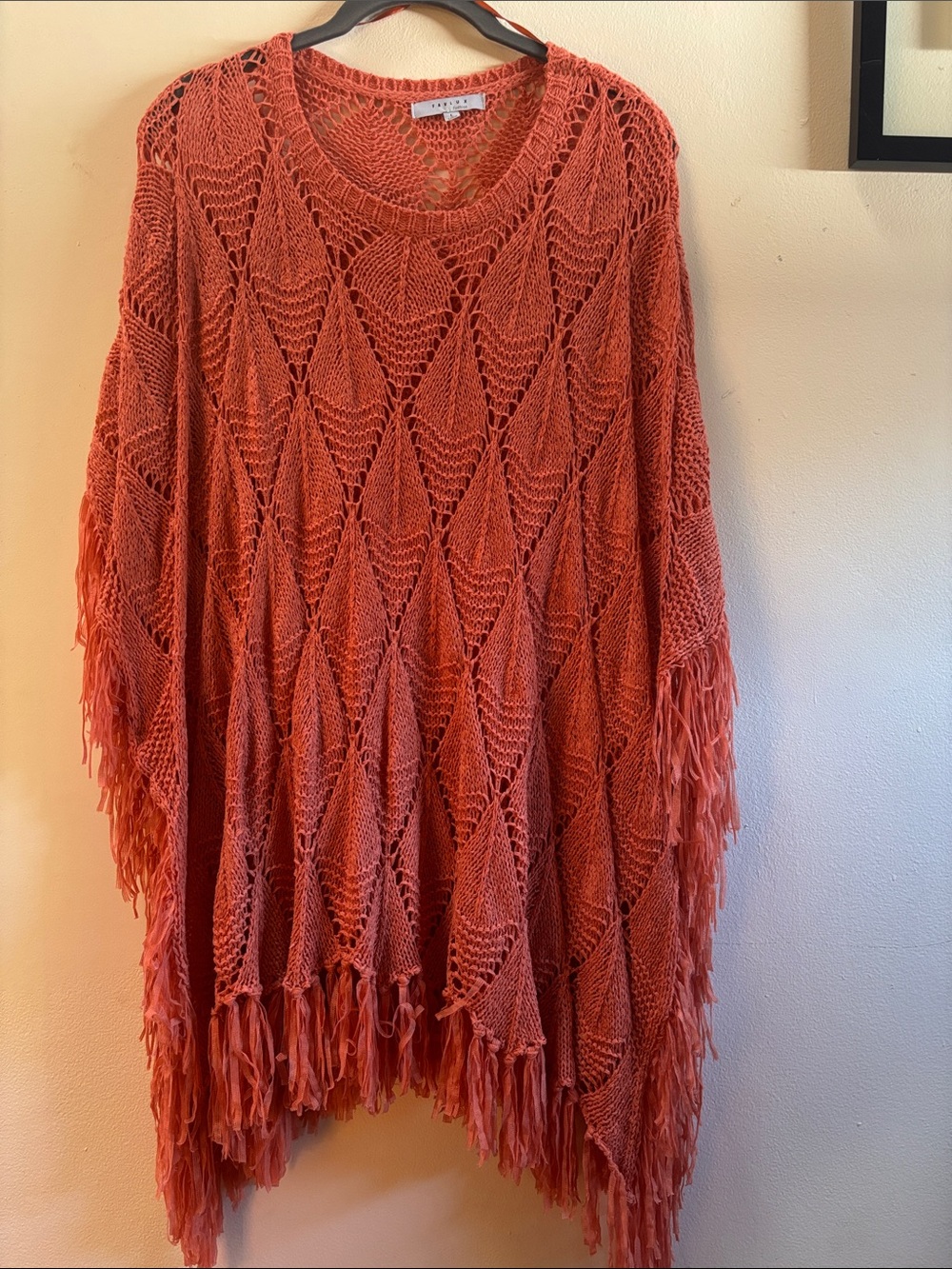 FAVLUX Coral Open-Knit Fringe Poncho Sweater